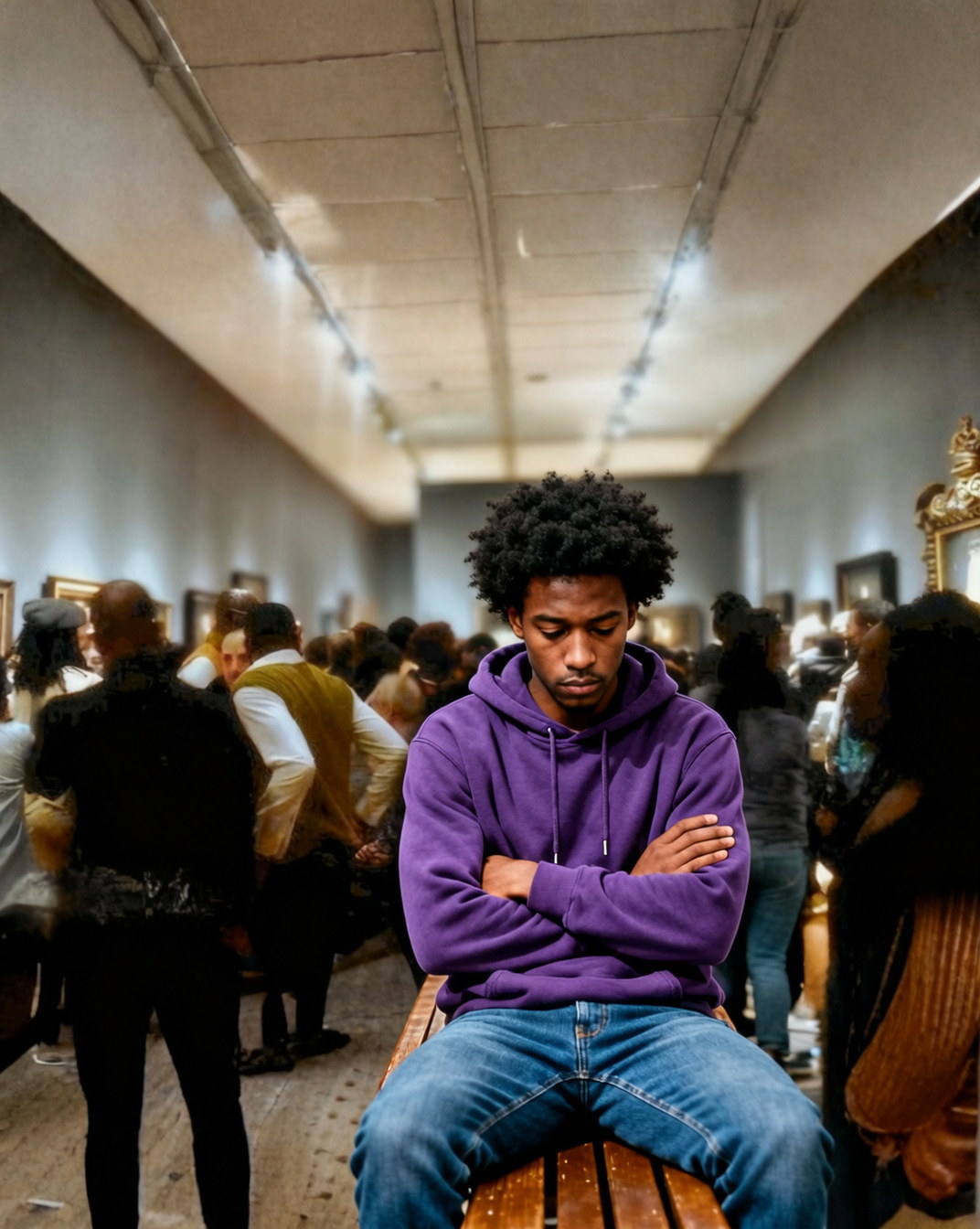A young Black man sits alone on a bench, arms folded and head down, while a crowd blurs past on either side of him.