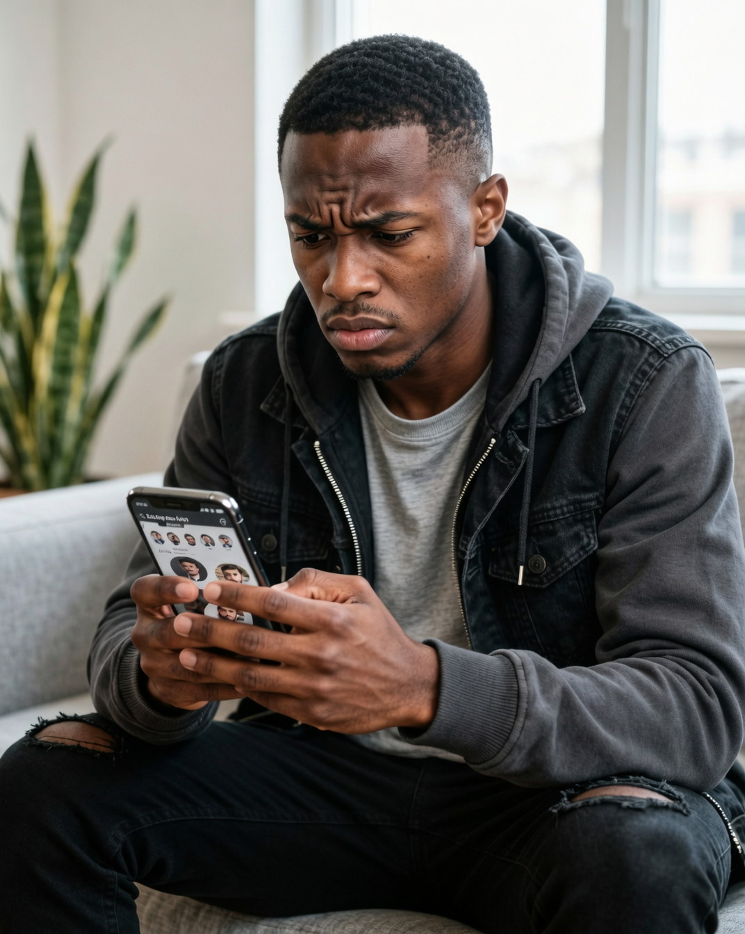A Black man alone on a sofa, frowning at a phone showing a grid of profile thumbnails.