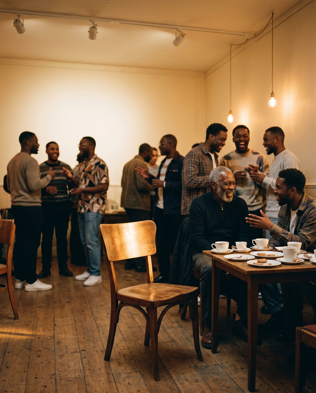 An empty wooden chair drawn up in the foreground while the room behind carries on talking and laughing.