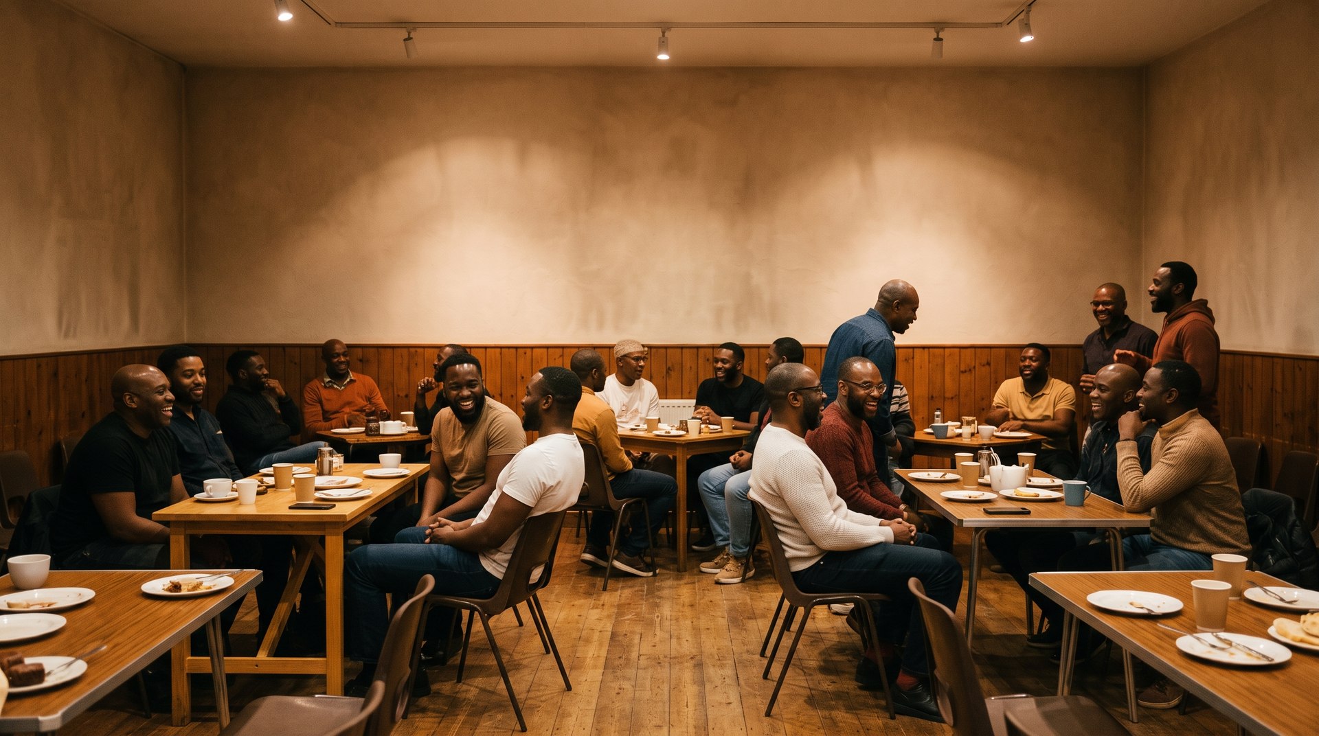 A room full of Black men at tables, laughing and talking over coffee under warm light.