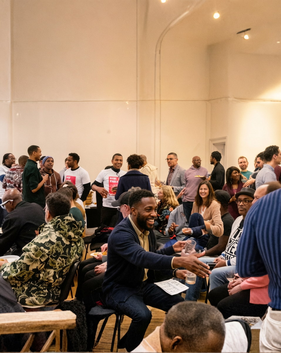 A crowded hall of people sitting and standing in conversation, one man leaning forward mid sentence.