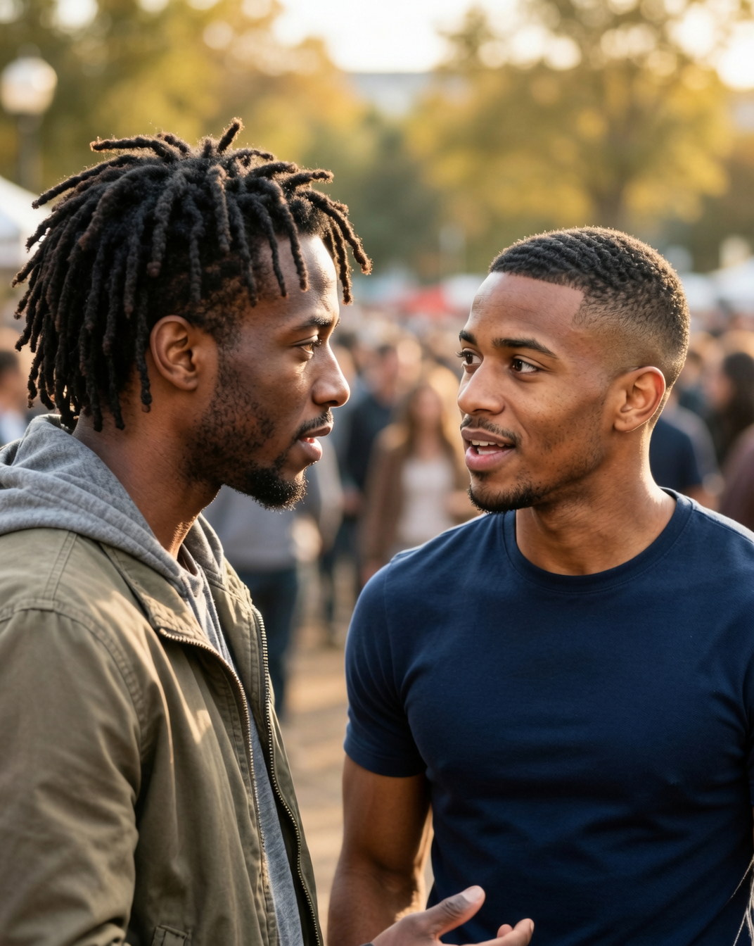Two Black men standing face to face in warm evening light, deep in conversation.