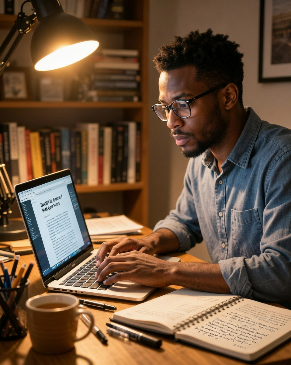 A Black man at a desk by lamplight, writing on a laptop beside an open notebook.