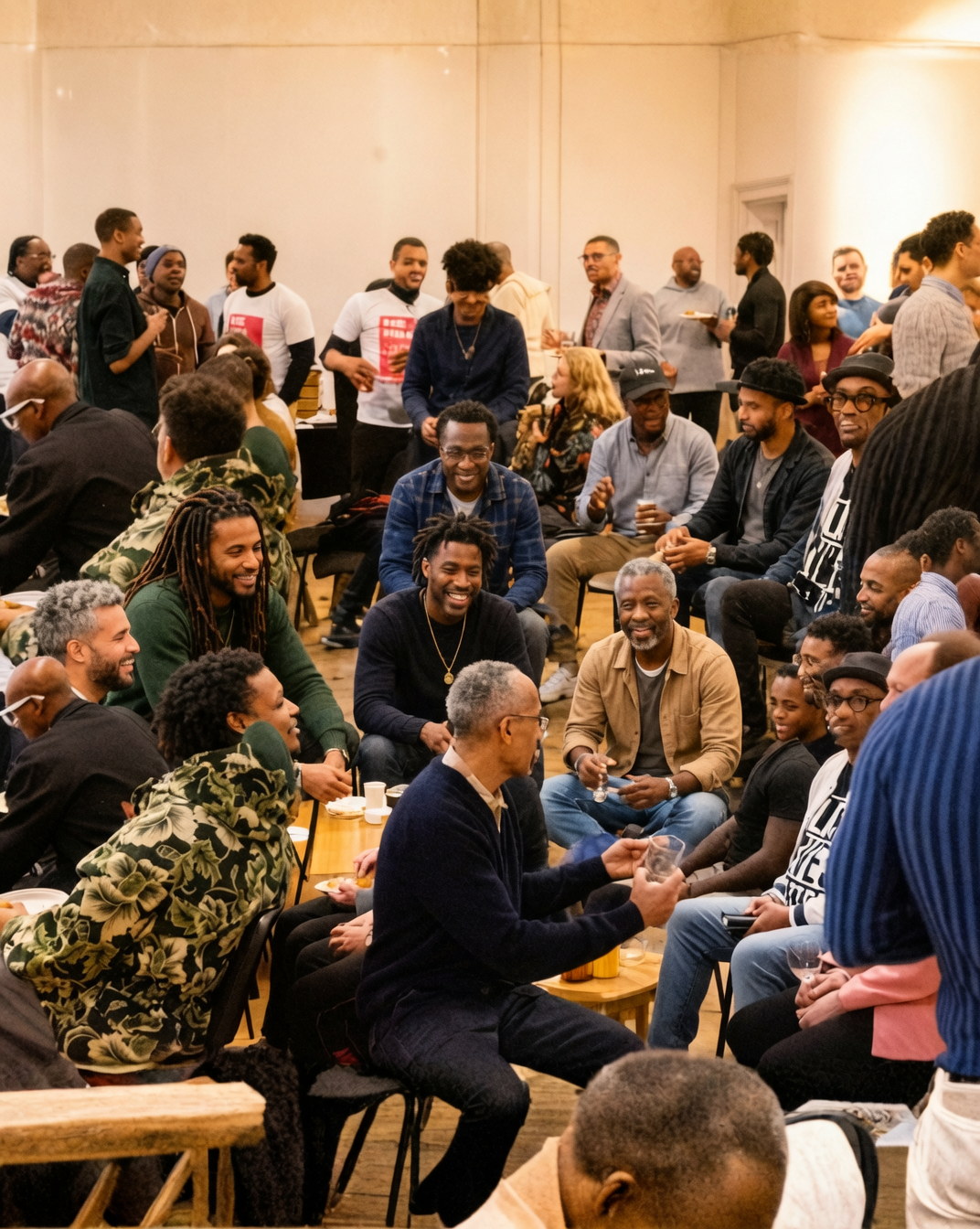 A packed room of Black men sitting and standing close together, talking and laughing.
