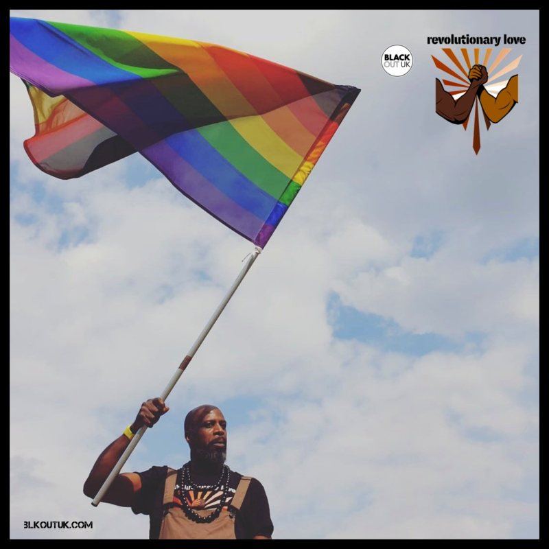 A Black man holding a Progress Pride flag aloft against a blue sky at Croydon Pride, 2019, captioned revolutionary love