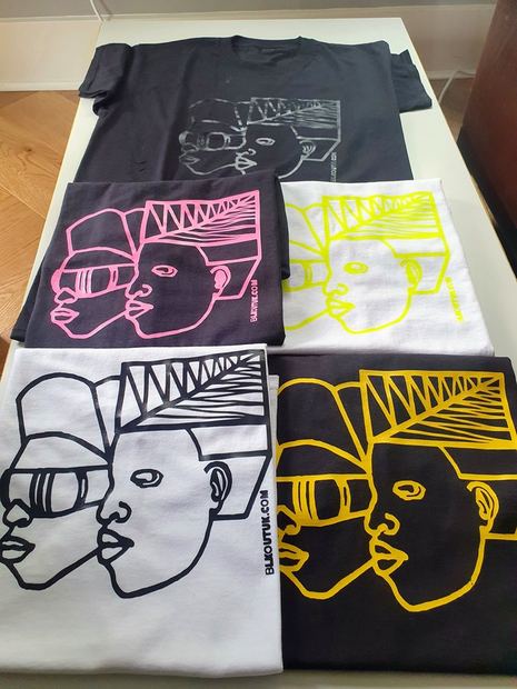 BLKOUT t-shirts in pink, yellow, white and black with a two-faces line drawing