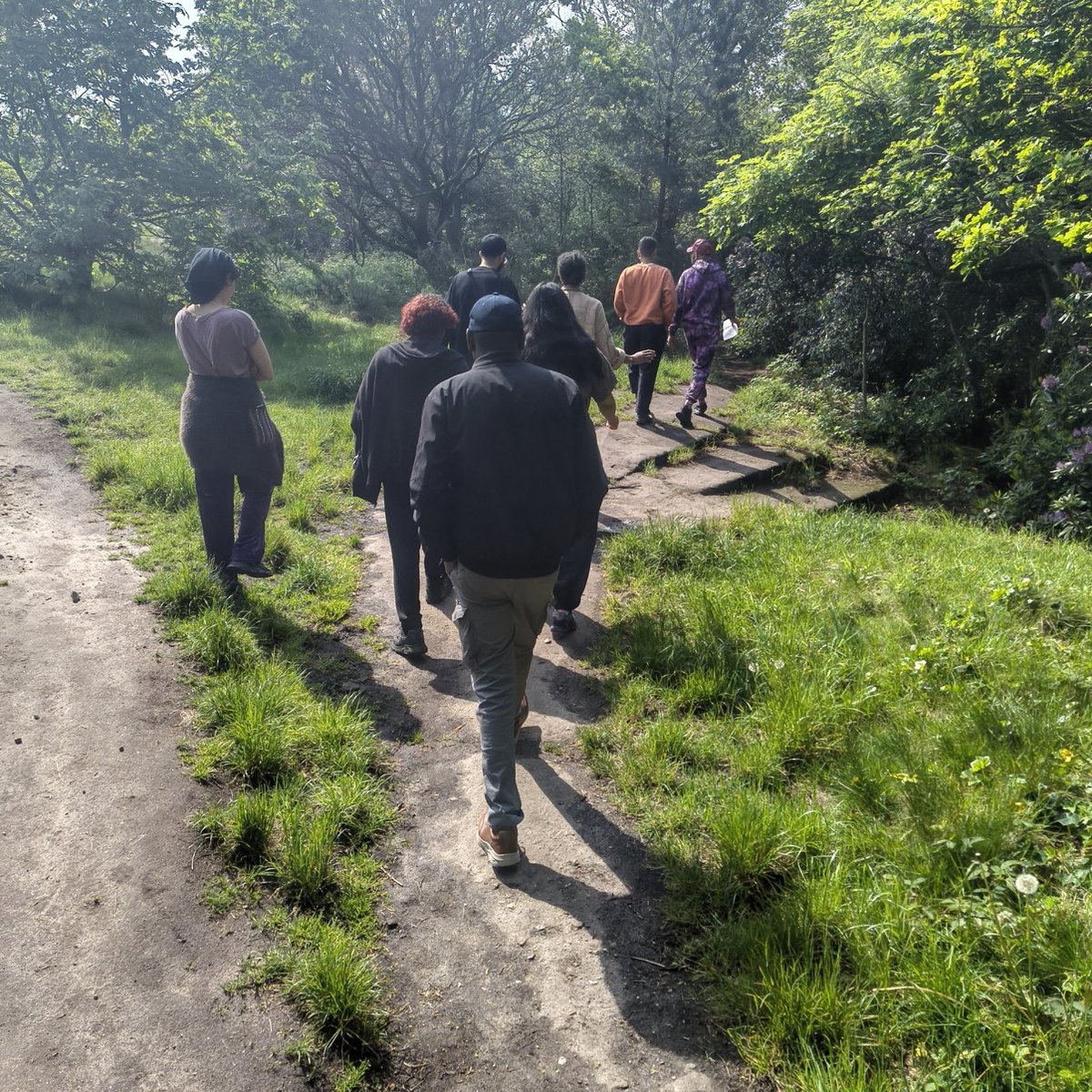The DiaspoRainbow retreat group walking a woodland path at Bidston, seen from behind
