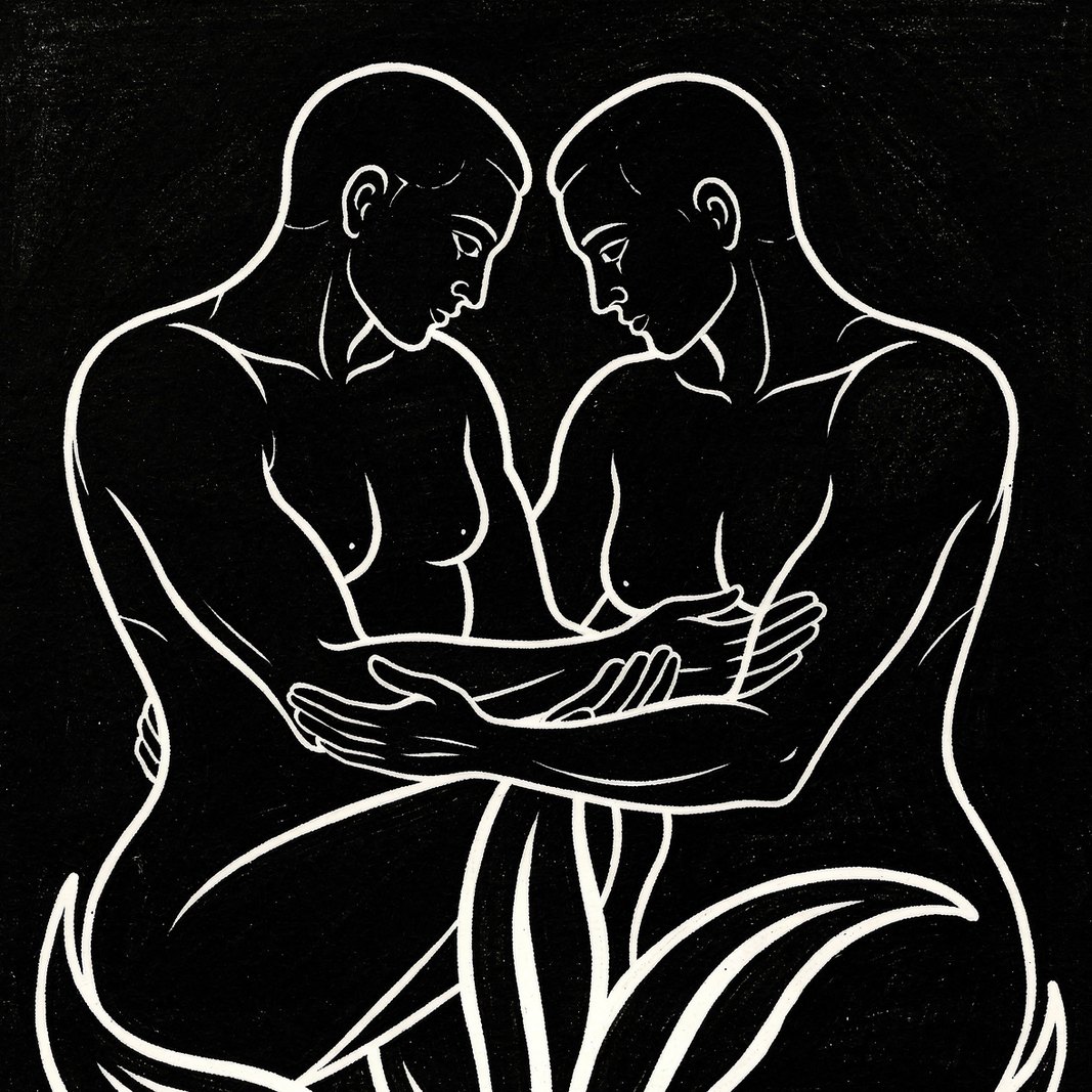 Illustration of two friends side by side in white line on black