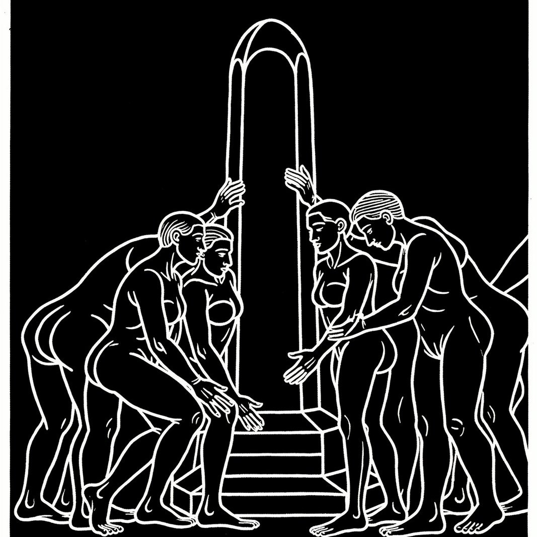 Illustration of figures working together on a stone monument