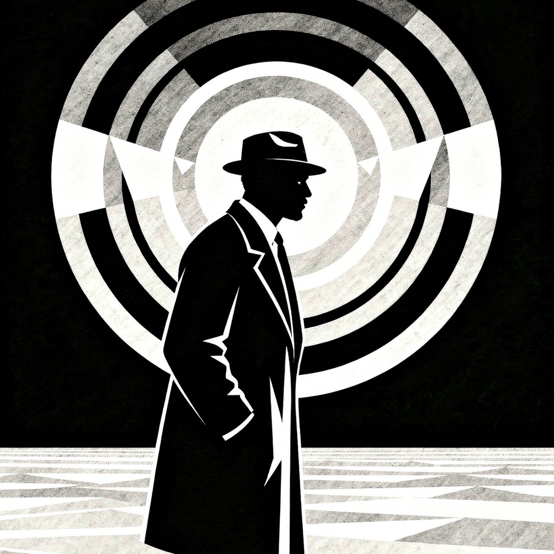Illustration of Ivor Cummings in a long coat and hat, standing on a quay before a rising sun