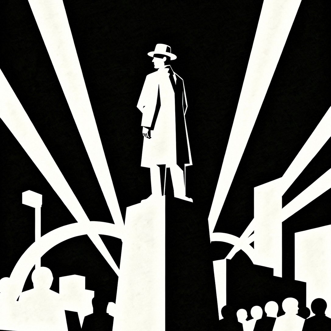 Illustration of a figure on a monument above a crowd, in black and white