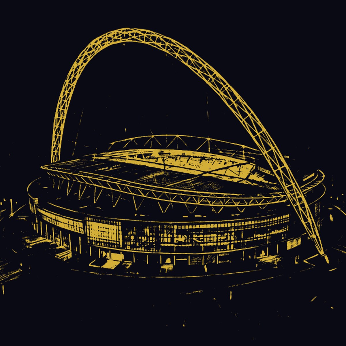 Wembley Stadium and its arch drawn in gold line on black, the landmark for the Brent local door
