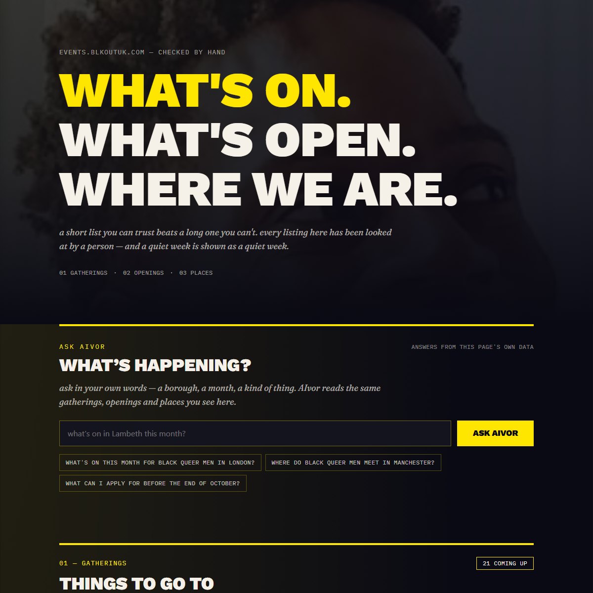 The BLKOUT events page: What's on. What's open. Where we are.